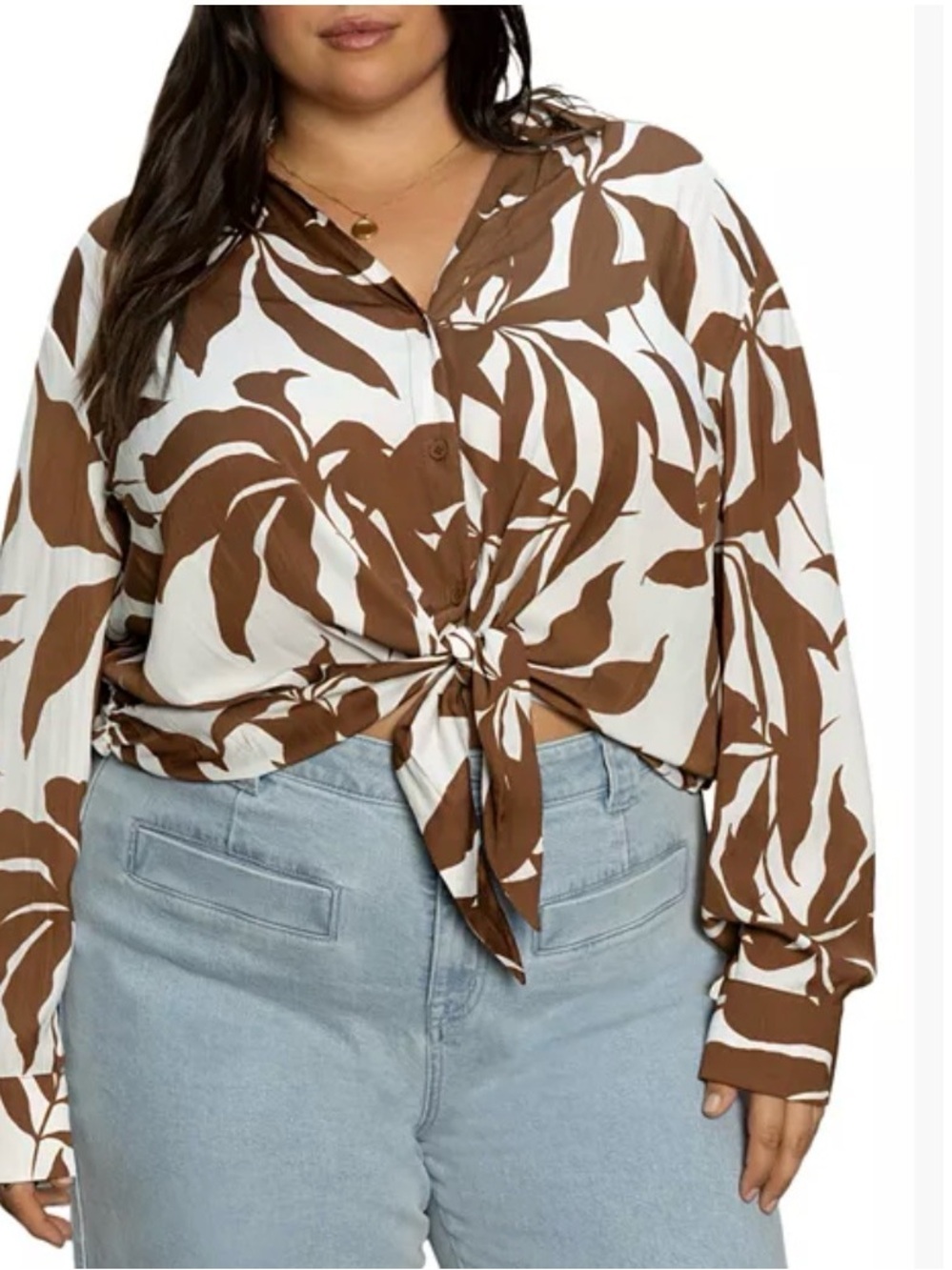 Sanctuary Brown and White Leaf-Print Tie-Front Button-Down Shirt Size 2x
